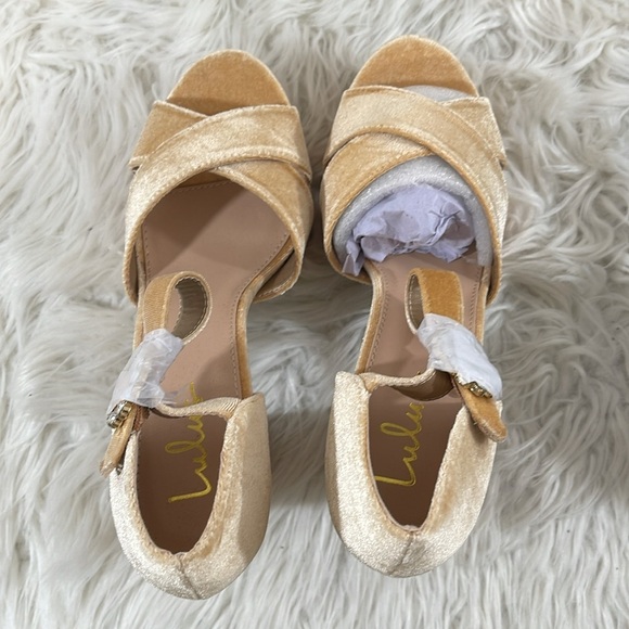 LULUS Crushest Champagne Velvet Rhinestone Ankle Strap Heels Size 10 NEW - Picture 8 of 16